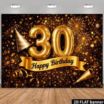 2D 30th Birthday Black Gold Backdrop for Photography Happy Birthday Party Deco 47.2x31.5inch/120*80cm