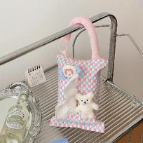 Pink Plaid Fabric Tissue Box Portable Hanging Tissue Case Living Room Container Home Car Towel Napkin Papers Bag Home Decoration