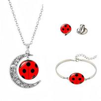 Ladybug Jewelry Set Includes Necklace Bracelet and Earrings with Silver Tone Metal Crescent Moon Pendant and Adjustable Chain for Women One Size