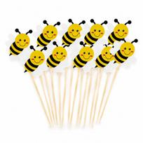 Cupcake Toppers 10 Pcs Bee Design Yellow Black Picks for Cakes, Desserts, Fruit Platters and Celebration Party Decoration įvairiaspalvis