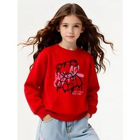 Girls' Long-Sleeve Casual Crewneck Sweatshirt | Teddy Bear Drip Art, Rest Time 2026, Suitable For Outdoor Sports And 110 raudona