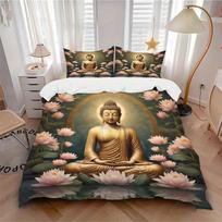 3pcs Buddha Lotus Soft Comfortable Bedding set, For Bedroom, Guest Room And Dorm, All - Season Use, High-Definition Printing175 135x200cm