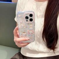 Cute Puffy Edge Marshmallow Cat Phone Case With Chain IPhone 15 16 17 Pro Max Anti-Slip Shockproof Back Cover iPhone 15