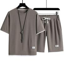 2 Pcs/Set Sports Pockets Trendy Loose Soft Breathable Men Top Shorts Suit Tracksuit Set 2XL tamsi chaki spalva