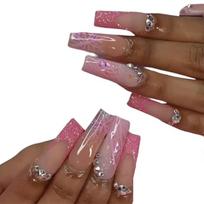 24Pcs Long Press-On Nails with Rhinestones Designs Full Cover French False Nails Glitter Acrylic Nails for Women Girl 1