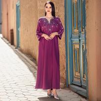 BA5149 new berry purple heavy industry hand-sewn rhinestone dress arabic robe women's clothing S