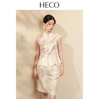 HECO New Chinese Style Gradient Jacquard Short-Sleeve Blouse L smėlis