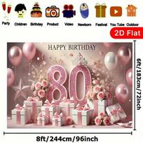 2D Pink Rose & Crown Backdrop, Happy 80th Birthday Background for Milestone Party 47.2x31.5inch/120*80cm