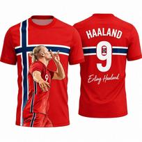 Unisex Erling Haaland #9 Norvegijos futbolo marškinėliai Rankomis pieštas portretas Norvegijos vėliavos spaudinys Trumpomis rankovėmis Kvėpuojantis Greitai džiūstantis Futbolas S