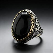 Vintažinis vyriškas obsidiano antspaudinis žiedas, 13x18 mm juodas brangakmenis įstatytas sendinto sidabro rėme, drąsus masoniško stiliaus papuošalas jam 12 gray