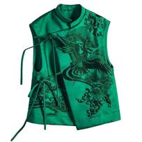 Women Chinese Style Retro Vest Jacket Green Heavy White Stork Embroidery Lace Sleeveless Outerwear Spring Summer Female Top S žalia