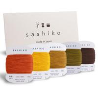 Daruma Sashiko Medium Card Type x 5 with Sashiko Sewing Embroidery Value Set Thread, Weight, 100% Cotton, (30m) Colors, Manual, & (Autumn Leaves) geltona