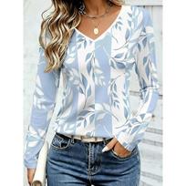 Summer Women's 3D Printed V-Neck Long Sleeve T-Shirt Fashion Versatile Breathable Trend Casual S