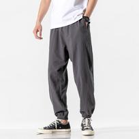 Men's Loose Fit Linen Sweatpants - Casual, Nine-Point, Plus Size, Trendy Korean Style L pilka spalva
