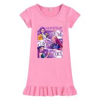 M1199 Kids Girls Kpop Rumi Zoey Mira Print Short Sleeves Ruffle Dress 100cm rožinė