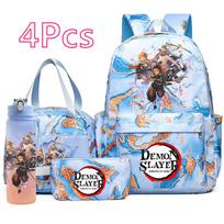 4Pcs/set Anime Demon Slayer Printed Backpack Handbag Pencil Case with 750Ml Water Bottler for Teenager Boy Girl Large Capacity Waterproof Schoolbag
