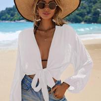 Women's Pink V-Neck Lantern Sleeve Tie-Front Cropped Kimono Cover-Up S balta