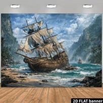 2D Kids Pirate Party Backdrop, Old Pirate Ship & Ocean Photo Booth Banner 47.2x31.5inch/120*80cm