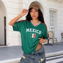 Women's V Neck Short Sleeve Football Jersey Top with Mexico Letter Print and Stripe for Casual Sportswear L armijos žalia spalva