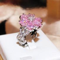 Hot- Light Luxury Pink Heart Zircon Ring for Women, Sweet Sparkling Pink Diamond Floral Finger Jewelry Fashion Accessory 8