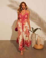New spring and summer off-the-shoulder V-neck women's clothing suspender printing fairy long temperament dress big pendulum dress women S raudona