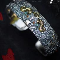 Carving Pixiu Retro Chinese Style Mighty Opening Bracelet Bracelet Accessories Ethnic Style Bracelet Men one size(17-20cm)