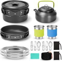 Outdoor Camping Cookware Picnic Set Pot Frying Pan Teapot Cup Heat-resistant Silicone Sleeves Fork Spoon Knife Plate Combination juoda