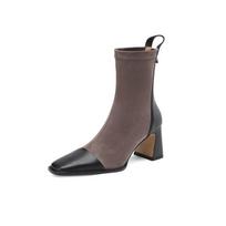 Krazing Pot Cow Leather Flock Winter Square Toe Thick High Heels Zipper Stretch Boots Stovepipe Women Ankle Boots 34 ruda