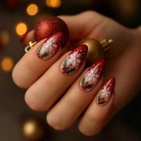 Pack Of 24 Snowflake Red Almond Shaped Press On Nail Elegant Design For Daily Parties And Special Occasion Decors 1