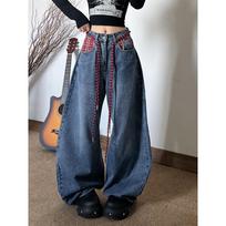 Womens High Waist Plaid Patch Drawstring Baggy Wide Leg Jeans Y2K Oversized Denim Trousers XS mėlyna