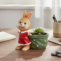 Resin Hare Flowerpot Charming Pot Cartoon Statue Planter for Tabletop Yellow Basket Rabbit Yellow Basket Rabbit