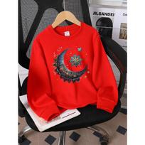 Moon Star Mandala Cosmic Pattern Night Sky 2026 New Girls' Long-sleeve Casual Crewneck Sweatshirt 110 raudona