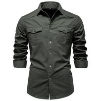 Men's -color Casual Fashionable Long-sleeved Button-down Work- Collar Shirt L armijos žalia spalva