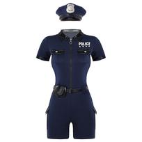 Moterims Seksualus Policininko Apatinio Trikotažo Uniformos Kostiumas Užtrauktukas Kombinezonas Diržas Piniginė Kepurė 4 Dalių Kostiumas S tamsiai mėlyna spalva