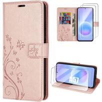 Case for Samsung Galaxy A57 5G, Anti-Scratch Synthetic Leather Pink Plant Pattern - 2 Tempered Glasses rožinė