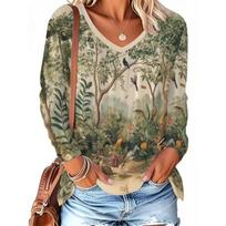 Summer Ladies 3F Printed V-Neck Long Sleeve T-Shirt Fashion Versatile Breathable Trend Casual S