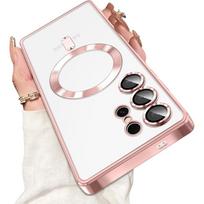 Strong Magnetic Magsafe Case For Samsung Galaxy S25 S24 S23 S21 FE S22 Ultra Plus Luxury Plating Silicone Soft Clear Thin Cover Galaxy S24 Ultra rožinė