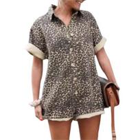 Yousheng Women Summer Romper Leopard Print Short Sleeves Turn-down Collar Short Sleeves Single-breasted Loose Vacation Style Short S Leopard Print
