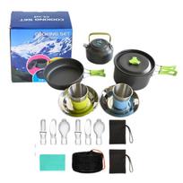 Camping Cookware Mess Non-Stick Lightweight Pot Pan Kettle Set  Kit for Camping, Backpacking, Outdoor Cooking and Picnic 14PCS žalia