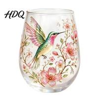 Stemless Glass Cup Hummingbird Morning Cup 18oz Floral Garden Tea for Bird Design Teacup Coffee Juice Wine Hand Painted Art Decor Gift Mom B