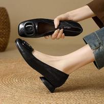 Autumn new light luxury shallow mouth round head flat-soled single shoes women's retro square buckle versatile and comfortable women's shoes 35 juoda