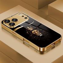 Šaunus karūnuotas liūto raštas, auksinės metalinės dažų stiklinis telefono dėklas, skirtas iPhone 11 12 13 14 15 16 17 Pro Max 14 Plus 17 Air 16E dangtelis iPhone17 Pro Max brown