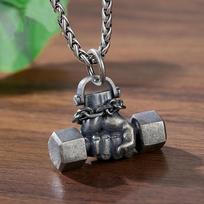 Solid Copper Plated Fist Dumbbell Pendant, Men's Trendy Necklace, Women's Retro Niche Fitness Couple Pendant 50CM(Necklace Size)