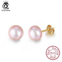 ORSA JEWELS Genuine Fresh Water Pearl Stud Earrings Women 8 MM White Pink Pearls 925 Sterling Silver Female Party Jewelry RSE86