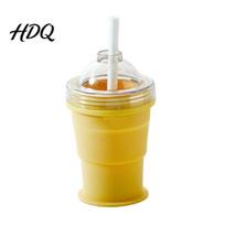 Travel Ice Cube Tray Ball Maker Cup 2-in-1 Collapsible Silicone Hockey with Straw And Mold Lid Foldable Easy Demolding Sphere Cubes for Whiskey geltona