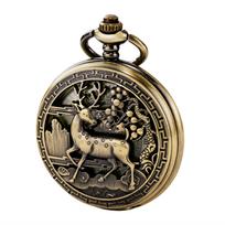 TREEWETO Mechanical Pocket Deer Hollow Steampunk Roman with Chain Watch, Design, Case, Style, Bronze, Numerals, bronza