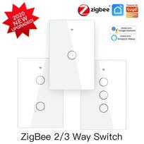 Tuya ZigBee 3.0 Z-wave Wall Touch Smart Home Light Switch  No Neutral Wire No Capacitor Home Automation Wireless Remote (White,120*76mm US standard&1gang 2way) balta