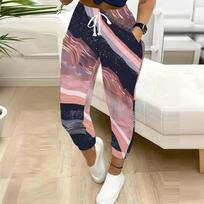 Summer Ladies Marble Pattern Printed Sweatpants Loose Fit Drawstring Joggers Elastic Cuff Daily Casual Pants XS