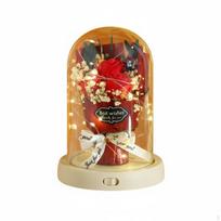 Soap Rose Glass Cloche Romantic Gift Dome Design Lighted Flower Bouquet for Wife, Mom, Red 3PCS Wood Base