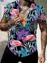 Vasaros vyriški atostogų marškiniai su atlapais Oversized Hawaiian marškiniai su flamingų 3D spaudiniu Madingi vyriški moteriški trumpomis rankovėmis paplūdimio marškiniai berniukui S gray